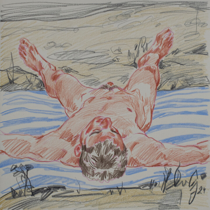 Dessin intitulée "Relax on the beach" par Sergey Sovkov, Œuvre d'art originale, Conté