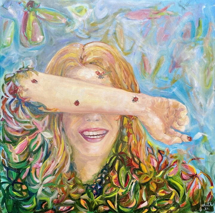 Schilderij getiteld "Joy´s Kisses" door Judith Riemer, Origineel Kunstwerk, Olie Gemonteerd op Frame voor houten brancard