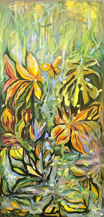 Schilderij getiteld "Jungle Fantasy" door Judith Riemer, Origineel Kunstwerk, Olie Gemonteerd op Frame voor houten brancard