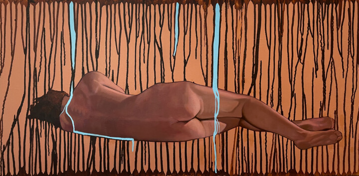 Liée par les gouttes du temps 绘画, 19.7x39.4 in