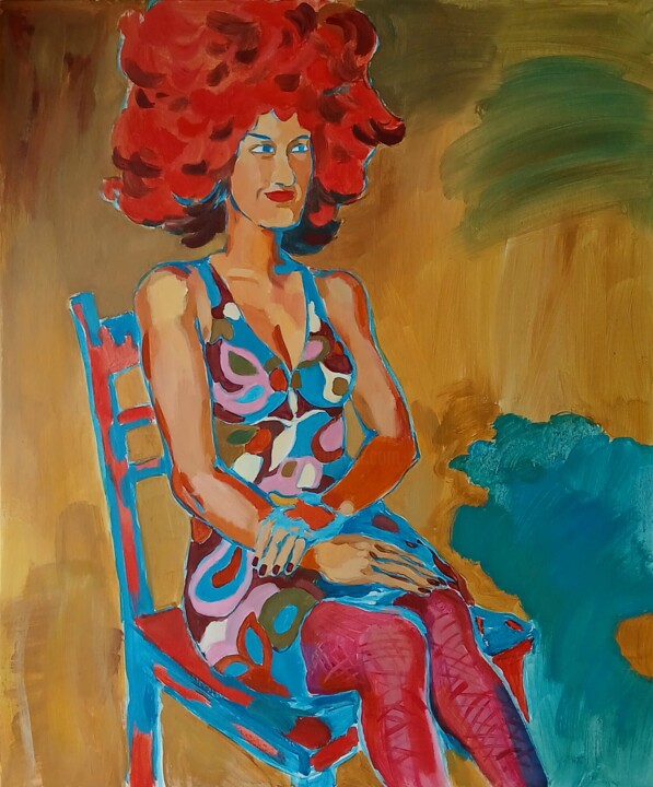 The girl in a red wig at the party, colorful portrait Картина, 23,6x19,7 in