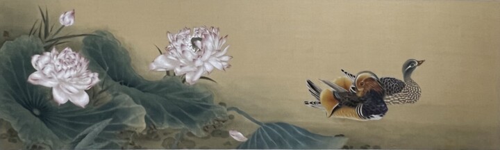 Mandarin Duck Lovers in Lotus Pond 绘画, 13.8x45.7 in