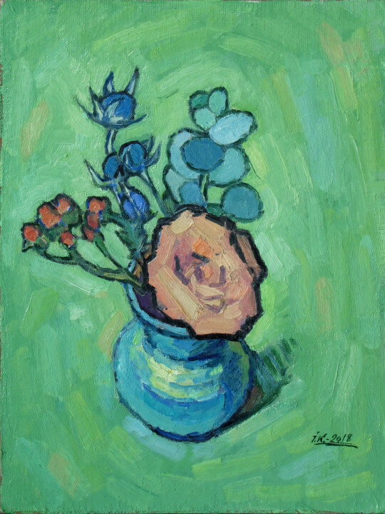 The Rose in Blue Vase Schilderij, 15,8x11,8 in