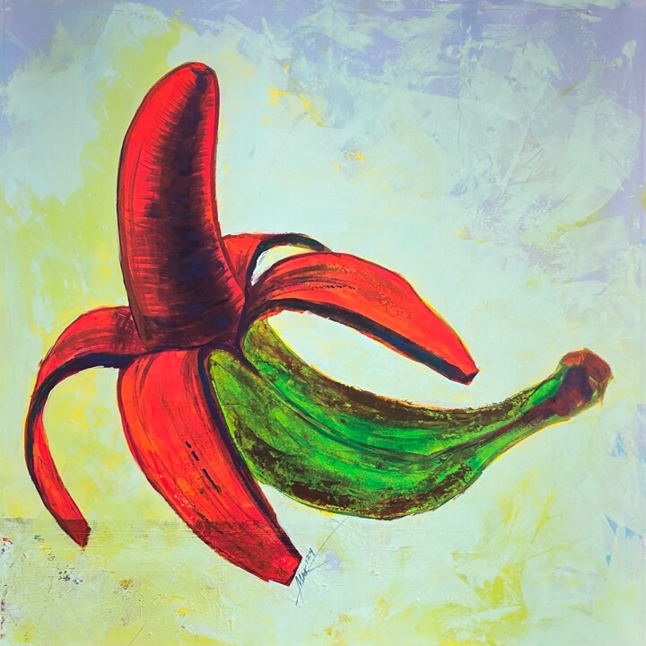 Red-orange banana, light-blue background 绘画, 33.9x33.9 in