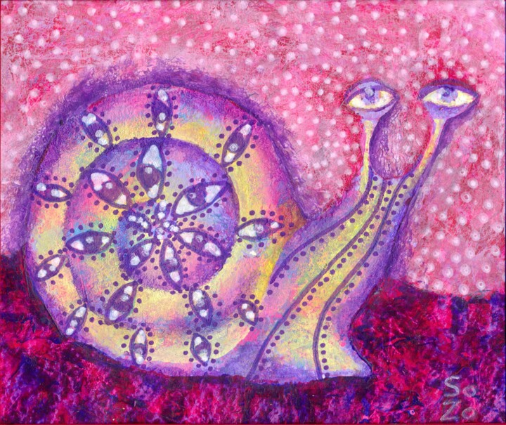 Whimsical Snail Painting with Cosmic Patterns 绘画, 6.1x6.7 in