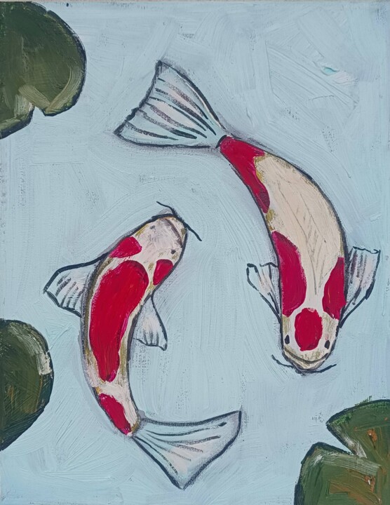 Carpe Koi nel Laghetto 绘画, 11.8x9.1 in