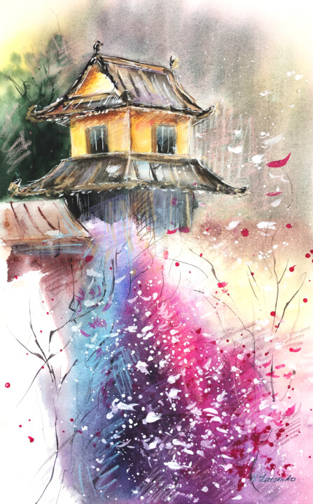 Painting titled "Sakura Snow" by Ksenia Lutsenko, Original Artwork, Pencil