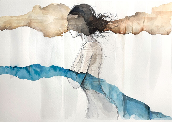 Abstract Watercolor Art - Ethereal Female Silhouette 绘画, 11.8x16.5 in