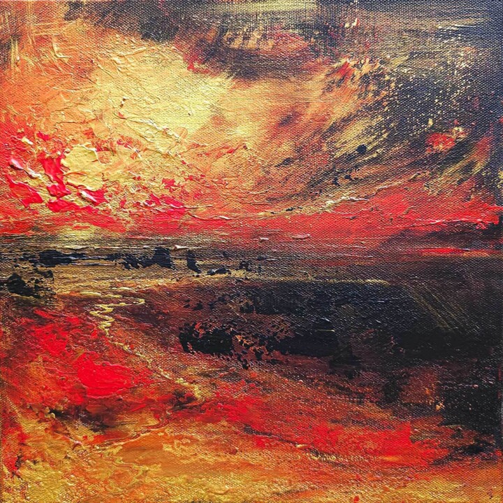 Painting titled "Reddish Horizon" by Sophia Kühn, Original Artwork, Acrylic Mounted on Wood Stretcher frame