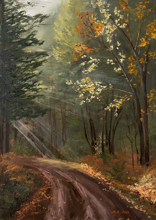 Painting titled "Autumn morning" by Maria Marikina, Original Artwork, Oil Mounted on Wood Stretcher frame