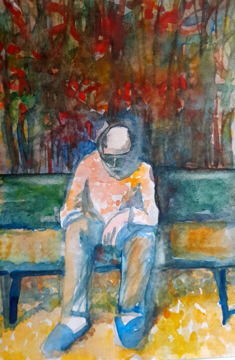Sleeping man in the park 绘画, 11.7x8.3 in