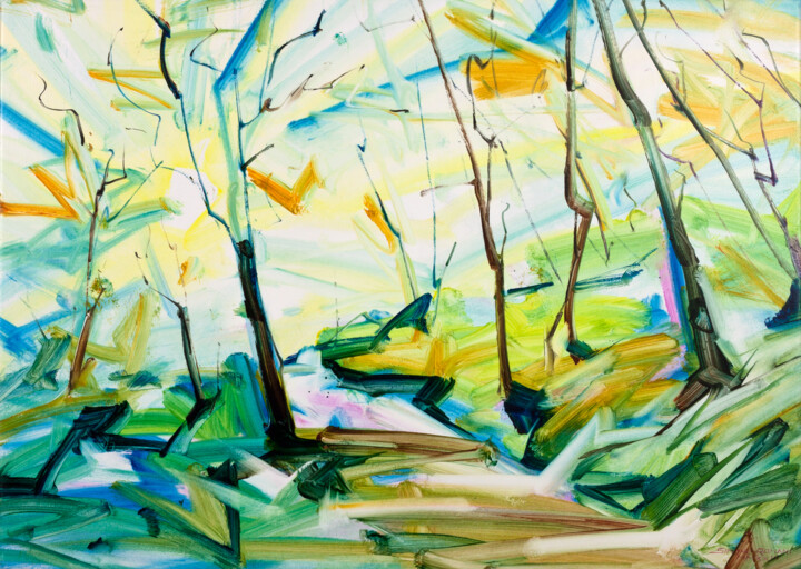Painting titled "The dreamed forest" by Simone Romani, Original Artwork, Oil Mounted on Wood Stretcher frame