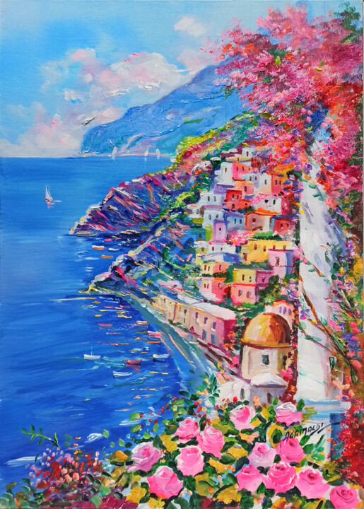 Painting titled "Vertical seaside wi…" by Alfredo Grimaldi, Original Artwork, Oil Mounted on Wood Stretcher frame