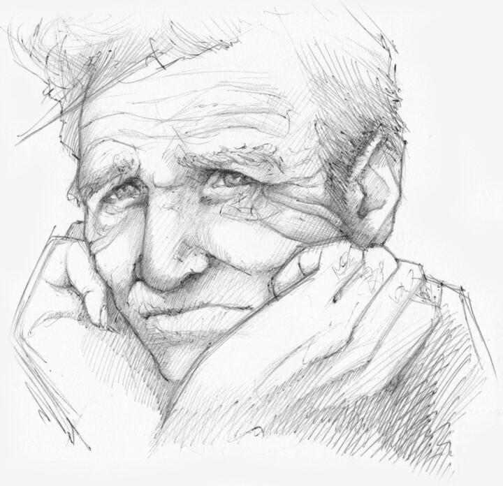 Uomo anziano triste 图画, 7.1x7.3 in