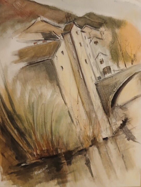 Peinture intitulée "Pont de Montvert en…" par Eve Elikoff, Œuvre d'art originale, Aquarelle