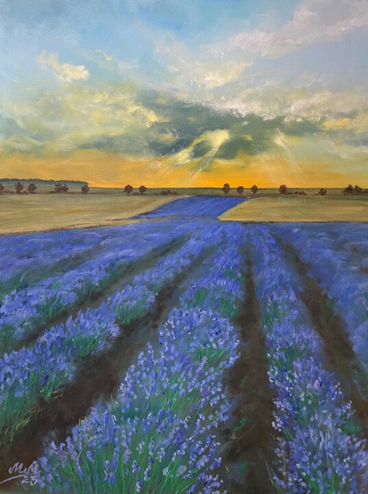 Painting titled "Lavender Field" by Maria Marikina, Original Artwork, Oil Mounted on Wood Stretcher frame