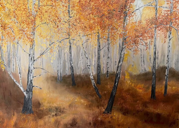 Painting titled "Autumn birches" by Maria Marikina, Original Artwork, Oil Mounted on Wood Stretcher frame