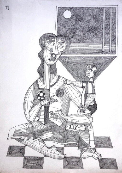 Dessin intitulée "Mãe e Filho" par José Roberto Teixeira Leite Junior, Œuvre d'art originale, Stylo gel