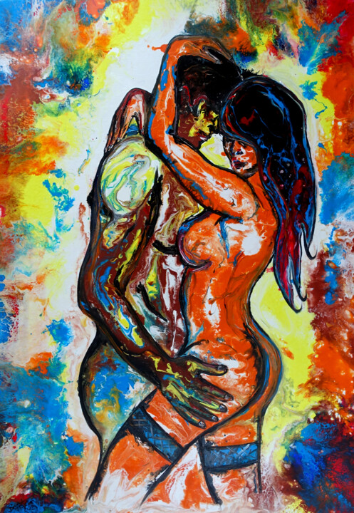 Lovely - erotische Malerei Liebespaar, erotik Gemälde. 绘画, 39.4x25.6 in