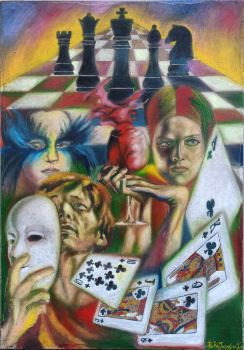 Painting titled "THE MASKS GAME" by Paola Imposimato, Original Artwork, Oil Mounted on Wood Stretcher frame