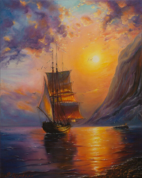 Sailboat, Sea, Sun Painting, 19.7x15.8 in