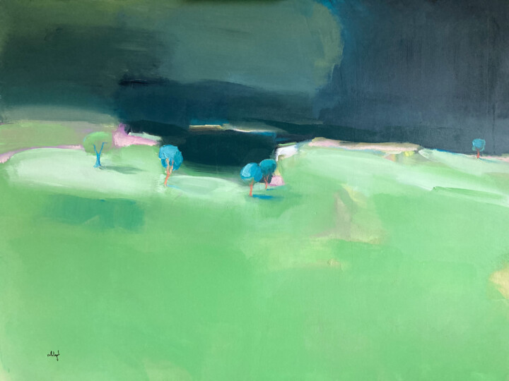 Painting titled "La prairie, la nuit" by Ivan Calatayud, Original Artwork, Acrylic