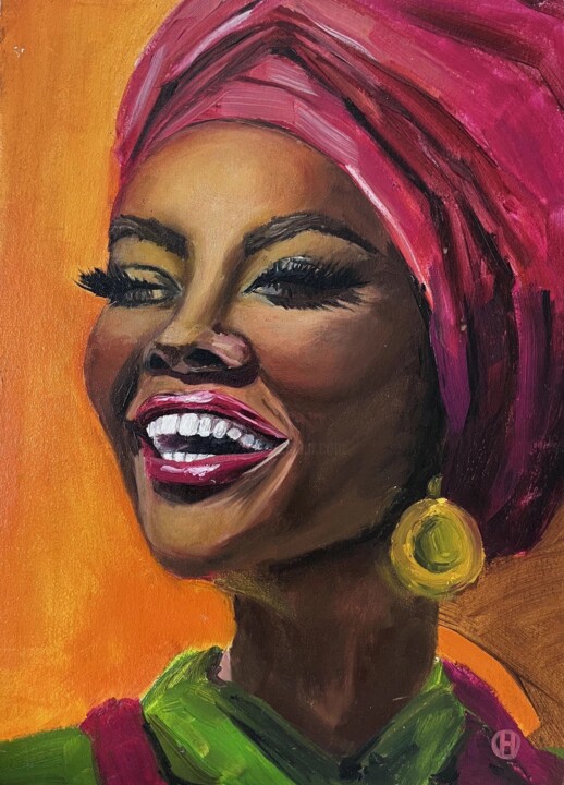 Cheerful african woman in pink turban 绘画, 15.8x11.8 in