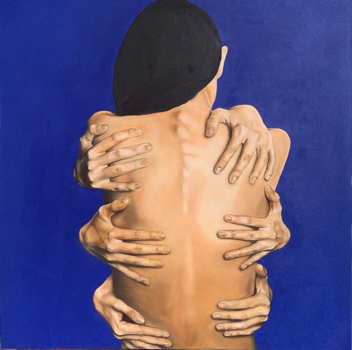 Painting titled "Self hugs" by Nadya Pestikova, Original Artwork, Oil Mounted on artwork_cat.