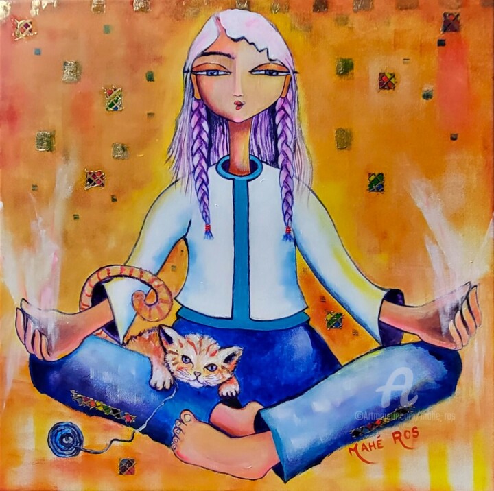 Peinture intitulée "Jeune fille au chat…" par Mahé Ros, Œuvre d'art originale, Acrylique Monté sur Châssis en bois