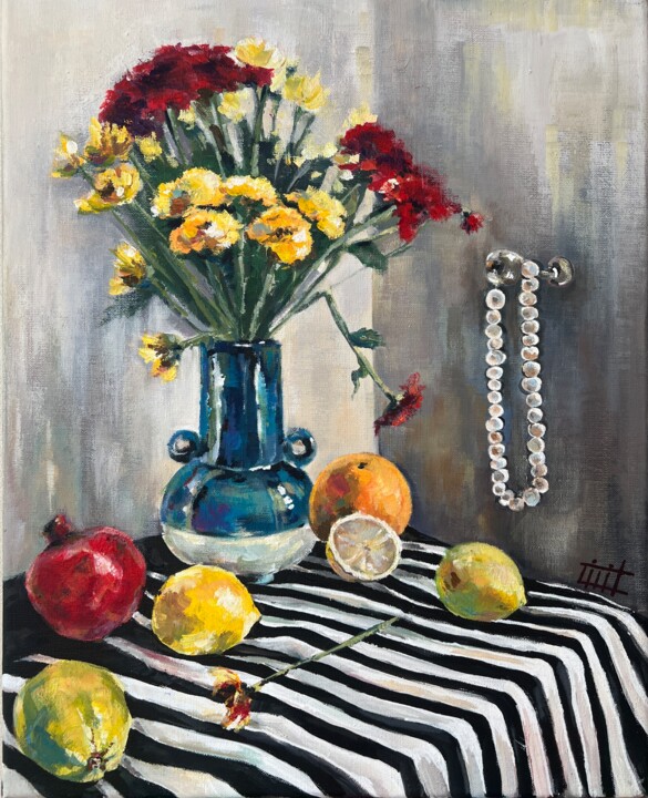 Painting titled "жемчуг и фрукты" by Lilit Khachatryan, Original Artwork, Acrylic Mounted on Wood Stretcher frame
