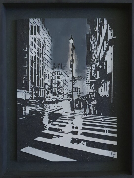 Painting titled ""Miracle on 34th st…" by Yann Hervis, Original Artwork, Ink Mounted on Wood Panel