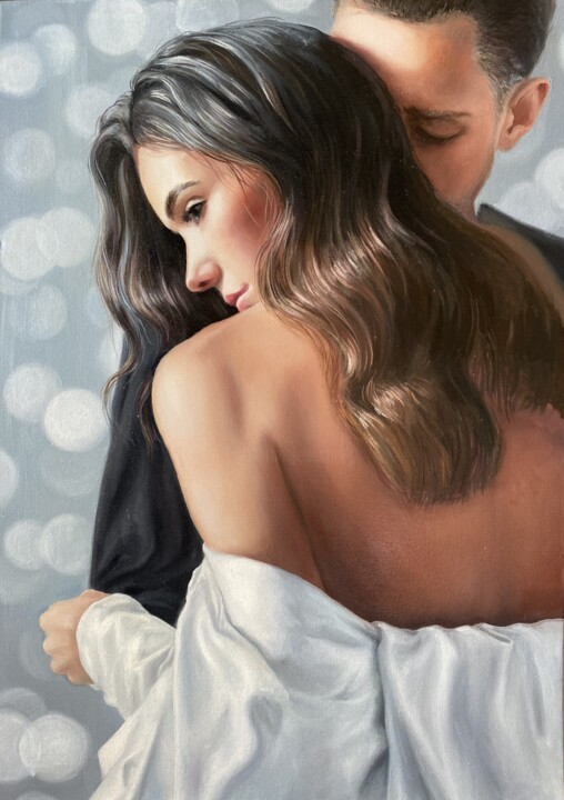 Painting on canvas "Tender meeting" 绘画, 27.6x19.7 in