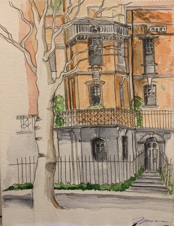 London Brownstone Sketch - Watercolor and Ink Art Schilderij, 7,7x5,9 in