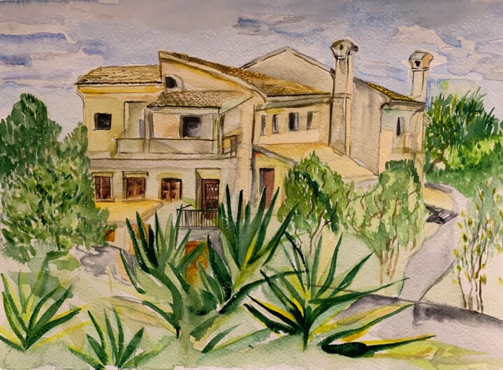 Sunny Greece Villa – Whimsical Watercolor Sketch Painting, 11.6x8.1 in