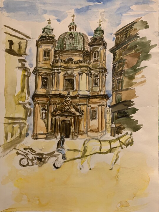Rome Church Watercolor Art - Elegant Carriage Scene - Beige Pittura, 11,6x8,3 in