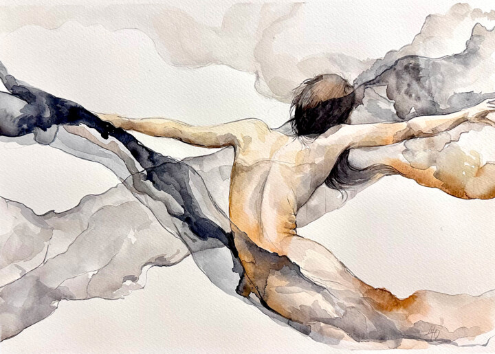 Female Watercolor Silhouette of Freedom Transformation 绘画, 11.8x16.5 in
