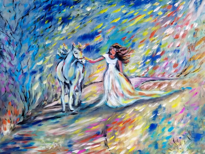 Whimsical Dance: Girl and White Horse on a Magical Path 绘画, 15.8x19.7 in