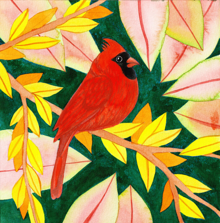 Red Cardinal Bird 绘画, 7.5x7.5 in