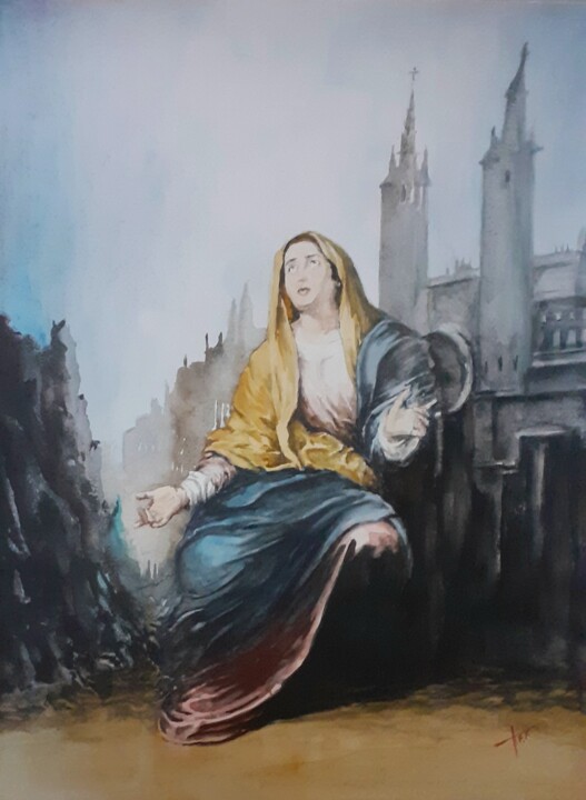 La Madone au paysage Léonardien. 绘画, 18.9x14.2 in