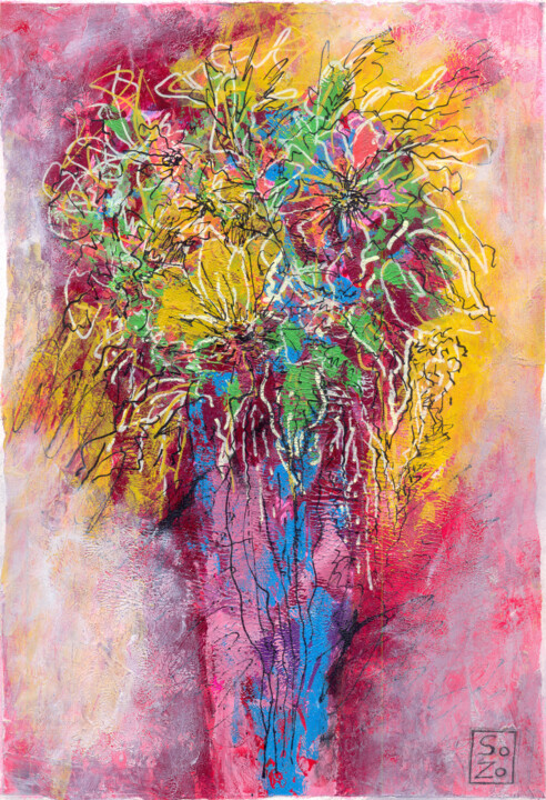 Vibrant Abstract Bouquet: Expressive Floral Painting 绘画, 11.8x7.9 in