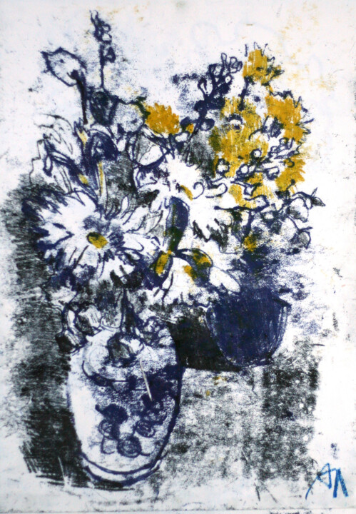Two bouquets. Easel painting with ink watercolour. Tekening, 23,2x16,5 in