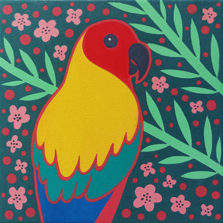 Tropical Eden n.11 - Sun Parakeet 绘画, 6x6 in