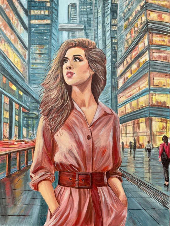 Blonde girl in the city Pittura, 15,8x11,8 in