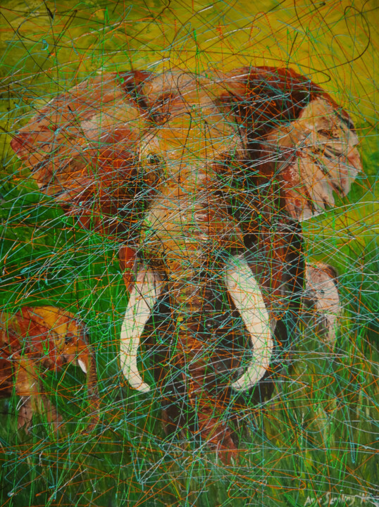 Peinture intitulée "Big Tusker in Afrika" par Anja Semling, Œuvre d'art originale, Acrylique Monté sur Châssis en bois
