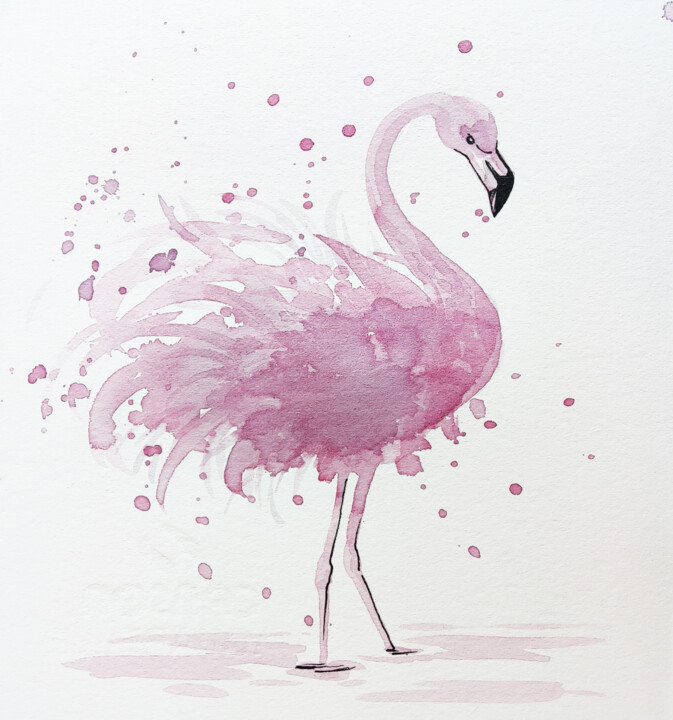 Flamingo. Painting is created by red wine 绘画, 6.3x5.9 in