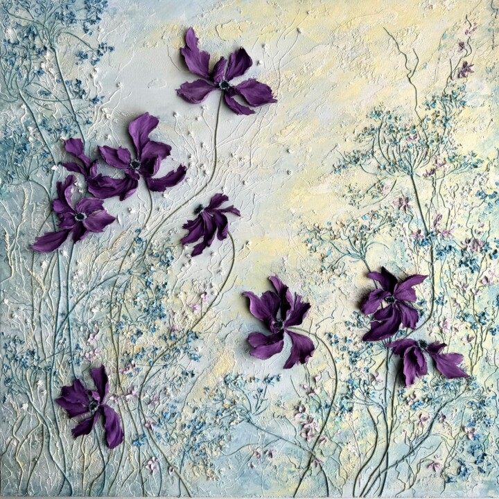 Landscape with purple flowers and grass on blue and yellow 미술작품, 23.6x23.6 in