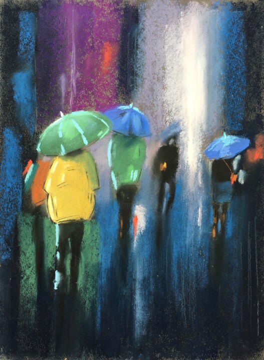Drawing titled "Umbrellas everywhere" by Ksenia Lutsenko, Original Artwork, Pastel