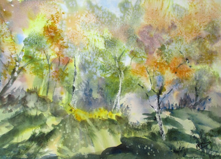 Peinture intitulée "Forêt automnale" par Navema, Œuvre d'art originale, Aquarelle