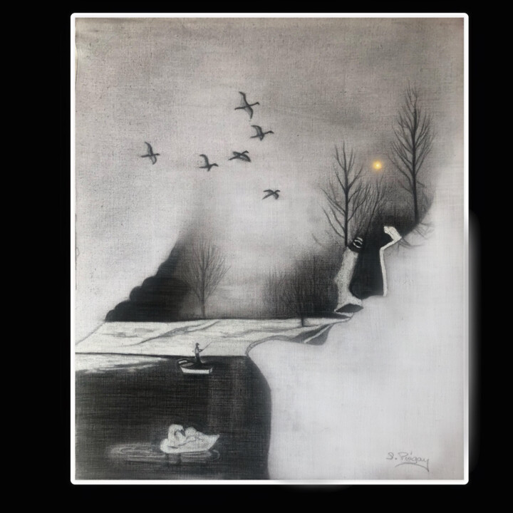 图画 标题为“contrastes” 由Sandrine Piegay, 原创艺术品, 石墨 安装在木质担架架上