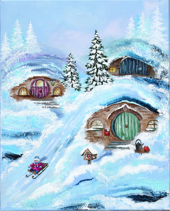 Winter cottages 绘画, 19.7x15.8 in